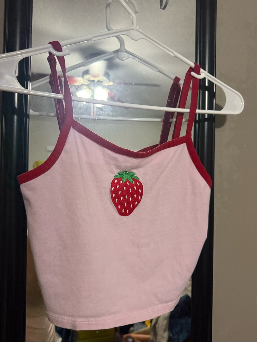 Hot Topic Pink Crop Tank with Red Trim & Strawberry Appliqué